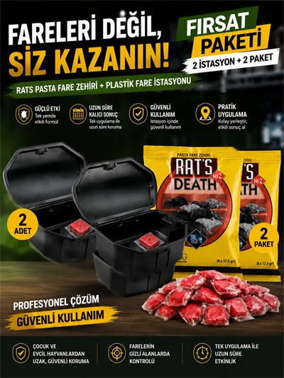 2 Paket Rast Fare Pastası + 2 Adet Plastik Fare İstasyonu Seti