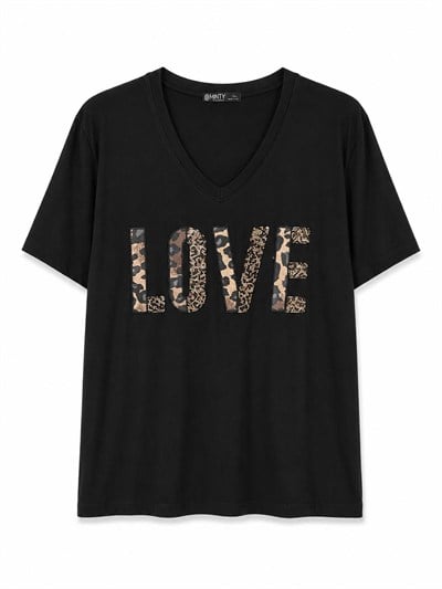 KADIN KISA KOLLU BONCUK İŞLEMELİ V YAKA T-SHIRT