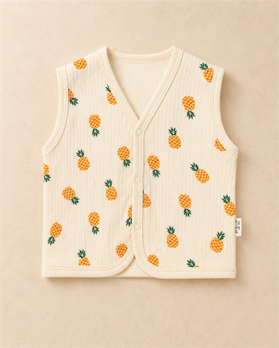 Unisex Bebek Bej Ananas Desenli Örme Yelek 6-24 Ay %100 Pamuk