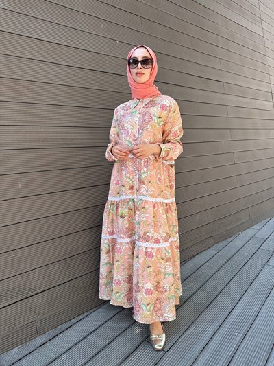 Ghisa 3610E4449 Pembe Desenli Fisto Detaylı Elbise