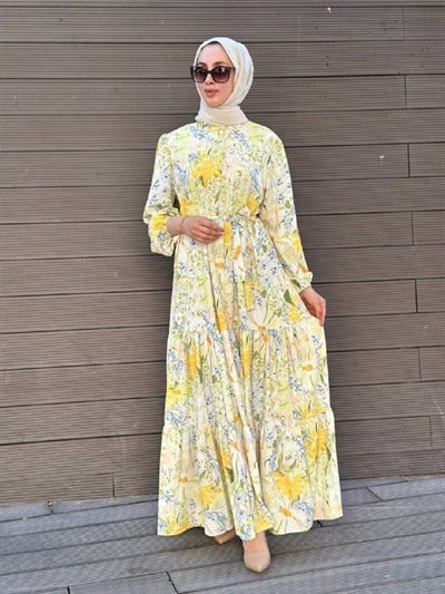 Merwish MRW1746 Sarı Bloom Serisi Elbise