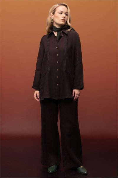 Miss Dalida 2267255 Kakao Bekletme Detaylı Bol Paça Keten Pantolon