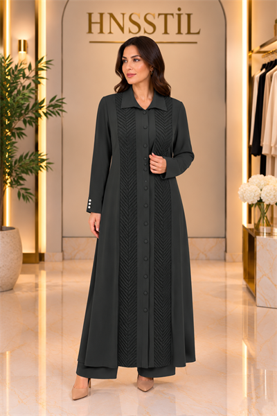 Miss Dalida 3269027 Balıksırtı Desenli Gömlek Yaka Siyah Triko Hırka