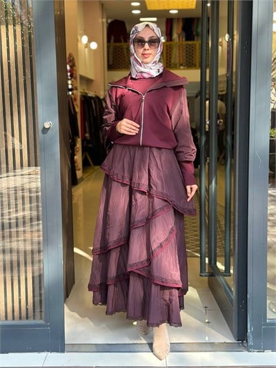 Misswhence 40809 Bordo Kat Detaylı Ceket Elbise Takım