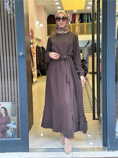 Misswhence 40813 Kahve Cupro İşlemeli Şifon Elbise
