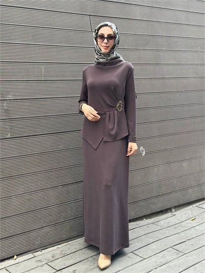 Nuss Triko 27K2051 Kahve Beli Toka Detaylı Elbise