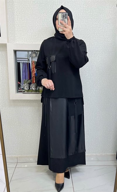 DERİ DETAY ETEKLİ TAKIM