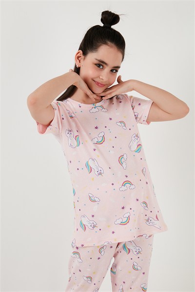 % 100 Pamuk Bisiklet Yaka Kısa Kollu Kız Çocuk Pijama Takımı 6651002 PEMBE-BEYAZ