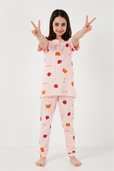 % 100 Pamuk Bisiklet Yaka Kısa Kollu Kız Çocuk Pijama Takımı 6651002 PEMBE