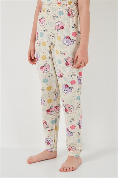% 100 Pamuk Bisiklet Yaka Kısa Kollu Kız Çocuk Pijama Takımı 6651004 BEJ