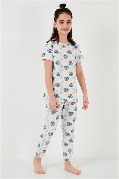 % 100 Pamuk Bisiklet Yaka Kısa Kollu Kız Çocuk Pijama Takımı 6651004 EKRU-MAVİ