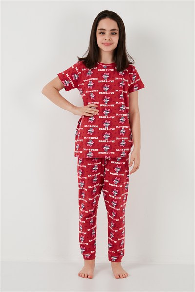 % 100 Pamuk Bisiklet Yaka Kısa Kollu Kız Çocuk Pijama Takımı 6651004 KIRMIZI