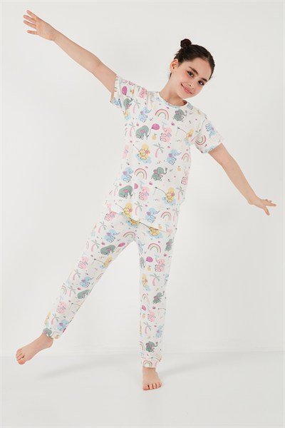 % 100 Pamuk Bisiklet Yaka Kısa Kollu Kız Çocuk Pijama Takımı 6651004 EKRU