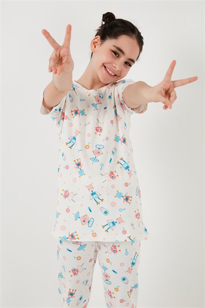% 100 Pamuk Bisiklet Yaka Kısa Kollu Kız Çocuk Pijama Takımı 6651002 ŞEKER PEMBE