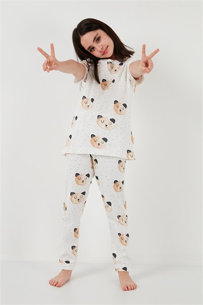 % 100 Pamuk Bisiklet Yaka Kısa Kollu Kız Çocuk Pijama Takımı 6651002 EKRU
