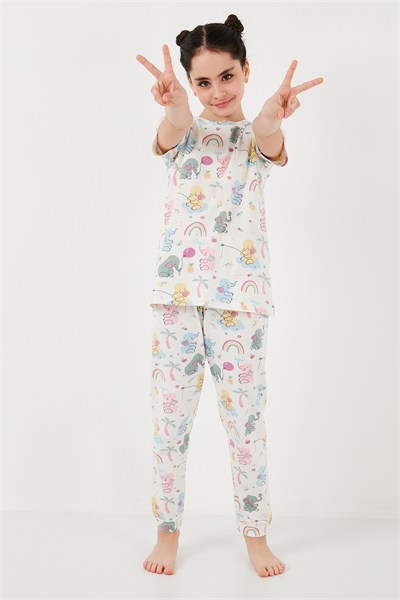 % 100 Pamuk Bisiklet Yaka Kısa Kollu Kız Çocuk Pijama Takımı 6651004 EKRU