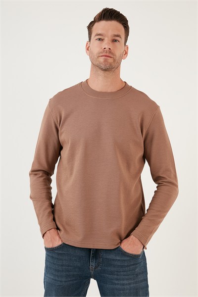 % 100 Pamuk Bisiklet Yaka Regular Fit Erkek Sweat 5905406 SAFARİ
