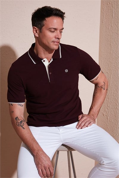 % 100 Pamuk Düğmeli Regular Fit Erkek Polo Yaka T Shirt 5902118 Vişne-Beyaz