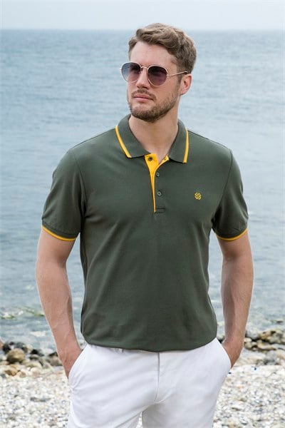 % 100 Pamuk Düğmeli Regular Fit Erkek Polo Yaka T Shirt 5902118 HAKİ-SARI