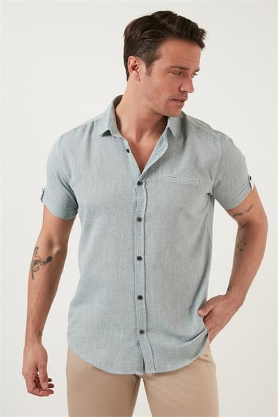 % 100 Pamuk Keten Görünümlü Slim Fit Kısa Kollu Erkek Gömlek CF21S111766 HAKİ