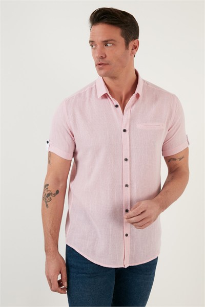 % 100 Pamuk Keten Görünümlü Slim Fit Kısa Kollu Erkek Gömlek CF21S111766 ROSE