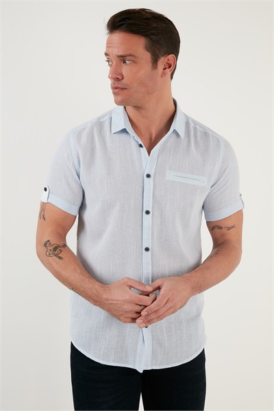 % 100 Pamuk Keten Görünümlü Slim Fit Kısa Kollu Erkek Gömlek CF21S111766 MAVİ