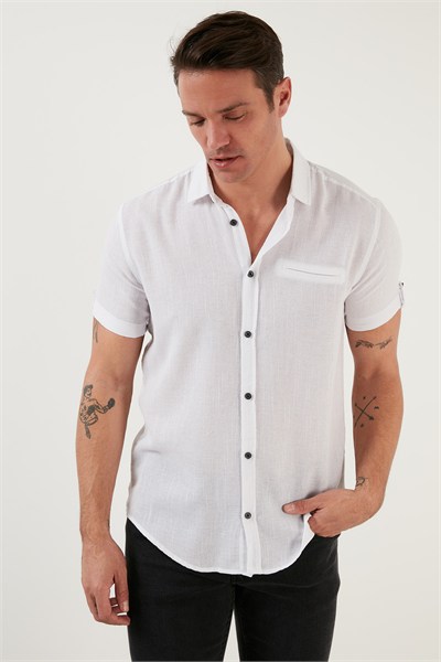 % 100 Pamuk Keten Görünümlü Slim Fit Kısa Kollu Erkek Gömlek CF21S111766 BEYAZ