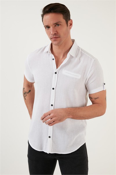 % 100 Pamuk Keten Görünümlü Slim Fit Kısa Kollu Erkek Gömlek CF21S111766 BEYAZ