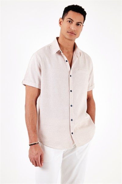 % 100 Pamuk Keten Görünümlü Slim Fit Kısa Kollu Erkek Gömlek CF21S111766 TAŞ