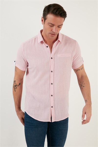 % 100 Pamuk Keten Görünümlü Slim Fit Kısa Kollu Erkek Gömlek CF21S111766 ROSE