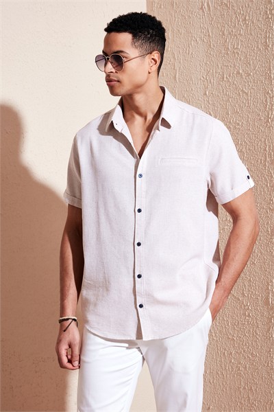 % 100 Pamuk Keten Görünümlü Slim Fit Kısa Kollu Erkek Gömlek CF21S111766 TAŞ