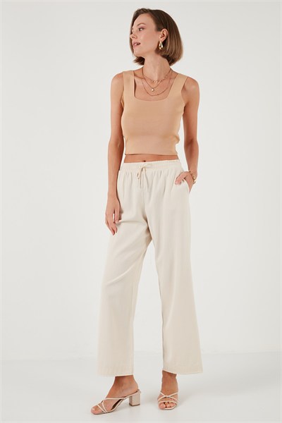 % 100 Pamuklu Bol Paça Regular Fit Kadın Pantolon 673PY2008 BEJ