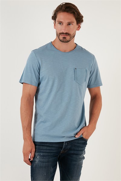 % 100 Pamuklu Slim Fit Bisiklet Yaka Cepli Erkek T Shirt 5902000 AÇIK MAVİ