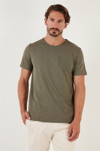% 100 Pamuklu Slim Fit Bisiklet Yaka Cepli Erkek T Shirt 5902000 HAKİ