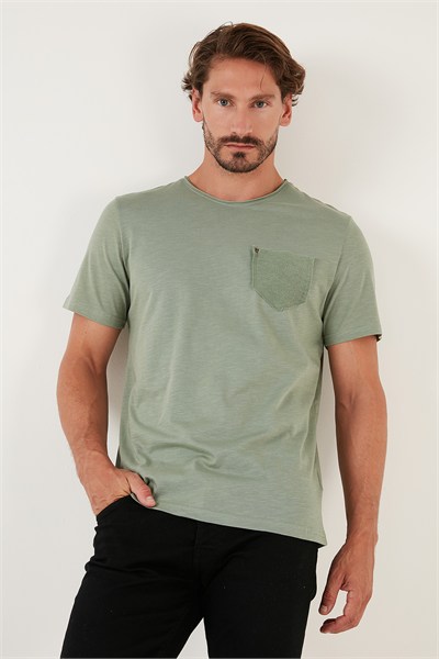 % 100 Pamuklu Slim Fit Bisiklet Yaka Cepli Erkek T Shirt 5902000 YEŞİL