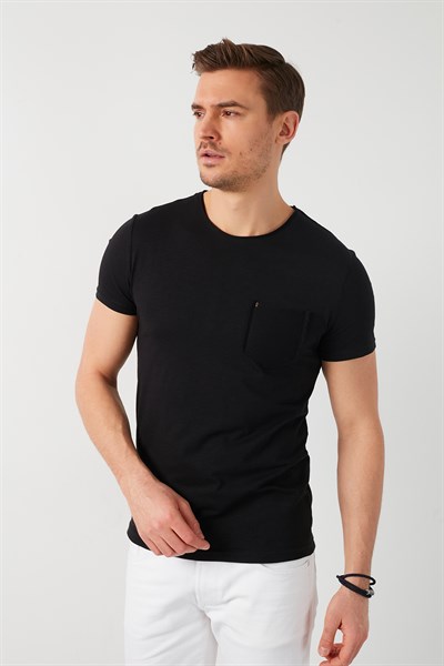 % 100 Pamuklu Slim Fit Bisiklet Yaka Cepli Erkek T Shirt 5902000 SİYAH