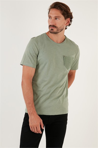 % 100 Pamuklu Slim Fit Bisiklet Yaka Cepli Erkek T Shirt 5902000 YEŞİL