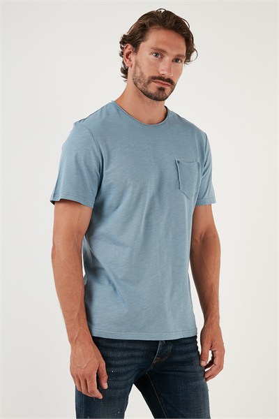 % 100 Pamuklu Slim Fit Bisiklet Yaka Cepli Erkek T Shirt 5902000 AÇIK MAVİ