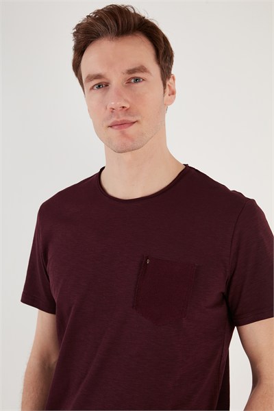 % 100 Pamuklu Slim Fit Bisiklet Yaka Cepli Erkek T Shirt 5902000 VİŞNE