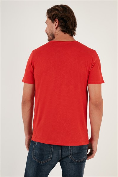 % 100 Pamuklu Slim Fit Bisiklet Yaka Cepli Erkek T Shirt 5902000 KIRMIZI