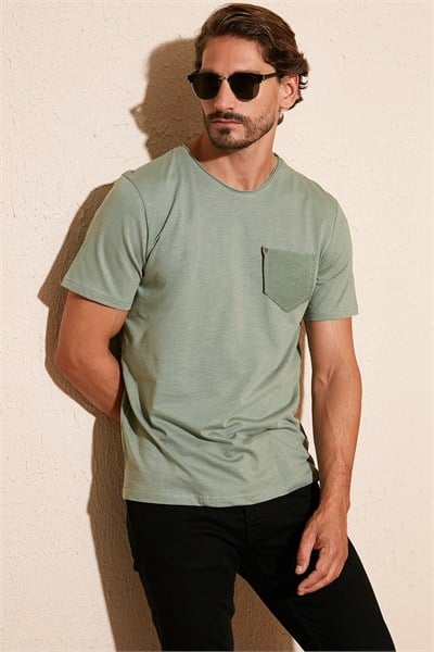 % 100 Pamuklu Slim Fit Bisiklet Yaka Cepli Erkek T Shirt 5902000 YEŞİL