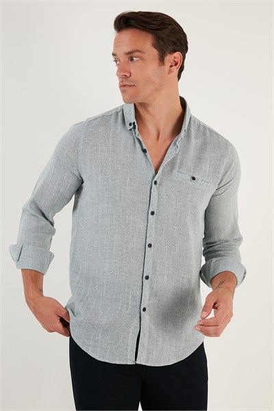 % 100 Pamuklu Slim Fit Uzun Kollu Erkek Gömlek CF21S111498 HAKİ