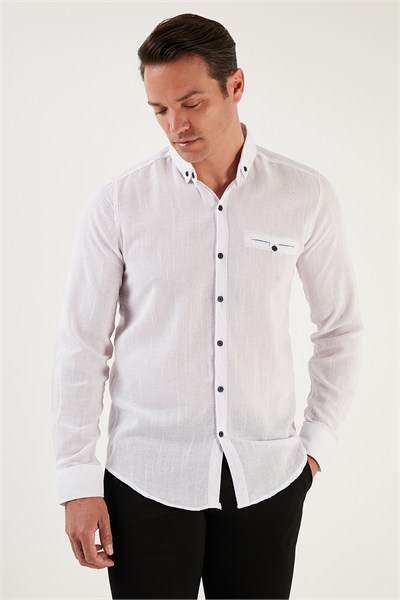 % 100 Pamuklu Slim Fit Uzun Kollu Erkek Gömlek CF21S111498 BEYAZ