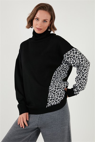 Akrilik Leopar Desenli Triko Kadın Kazak 4615217 SİYAH