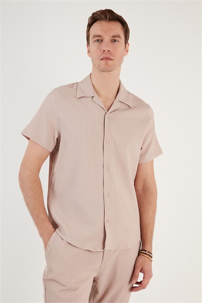 Apaş Yaka Kısa Kollu Regular Fit Erkek Gömlek CF24S117842 TAŞ