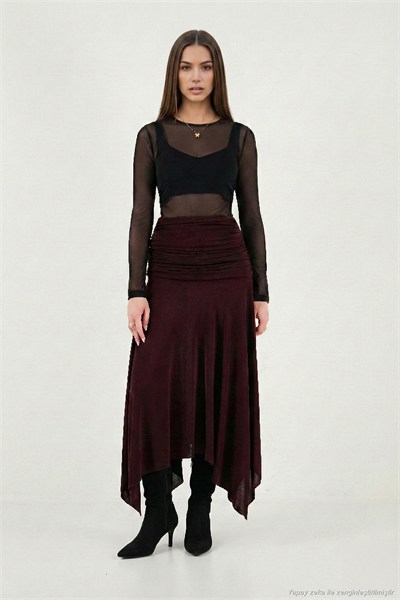 Asimetrik Kesim Drape Detaylı Yırtmaçlı Midi Boy Kadın Etek 6833366 MÜRDÜM