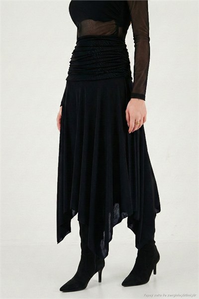 Asimetrik Kesim Drape Detaylı Yırtmaçlı Midi Boy Kadın Etek 6833366 SİYAH