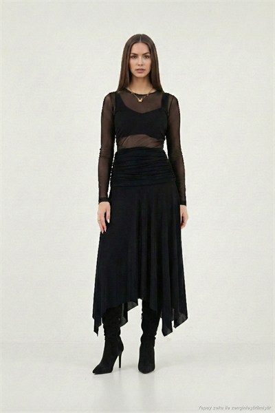 Asimetrik Kesim Drape Detaylı Yırtmaçlı Midi Boy Kadın Etek 6833366 SİYAH