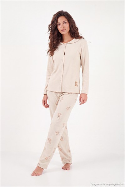 Ayıcık Desenli Lastikli Bel Uzun Kollu Yumuşak Dokulu Kadın Pijama Takımı 6575023 KREM