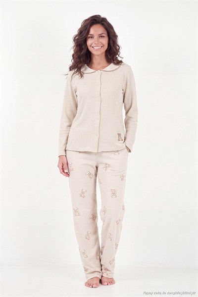 Ayıcık Desenli Lastikli Bel Uzun Kollu Yumuşak Dokulu Kadın Pijama Takımı 6575023 KREM